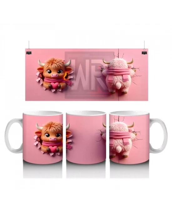 Pembe Arka Planda Sevimli Maskot ve Peluş Karakter – Baskılı Kahve Kupası