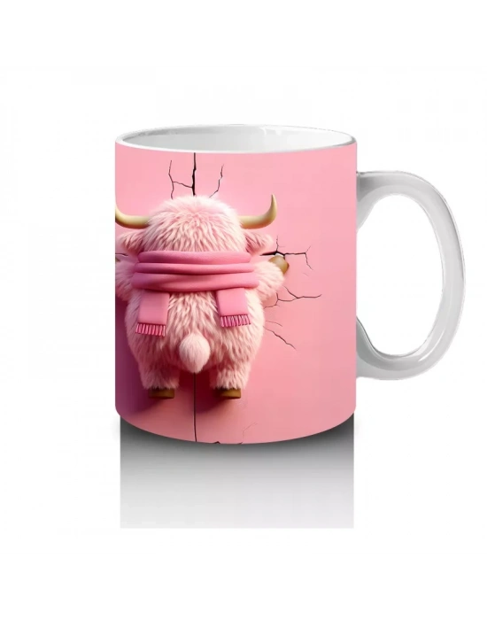 Pembe Arka Planda Sevimli Maskot ve Peluş Karakter – Baskılı Kahve Kupası