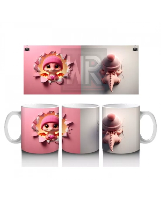 Pembe Arka Planda Şirin Çocuk Maskotu – Baskılı Kahve Kupası