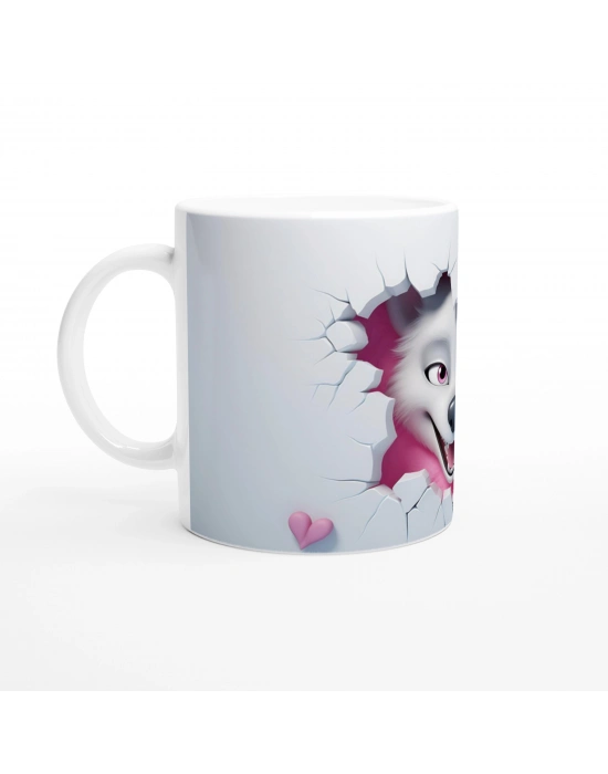 Pembe Arka Planlı Çatlak Duvardan Bakan Neşeli Kurt Temalı Baskılı Kupa Bardak