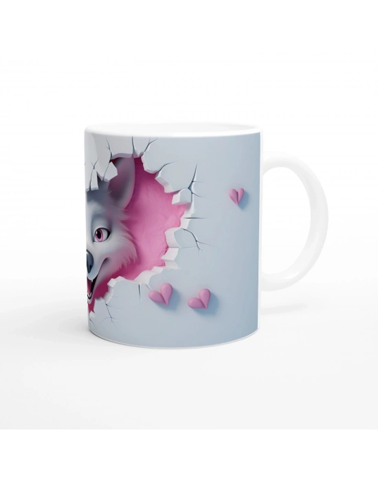 Pembe Arka Planlı Çatlak Duvardan Bakan Neşeli Kurt Temalı Baskılı Kupa Bardak