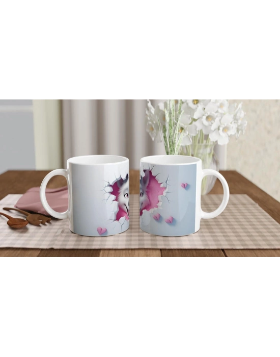 Pembe Arka Planlı Çatlak Duvardan Bakan Neşeli Kurt Temalı Baskılı Kupa Bardak