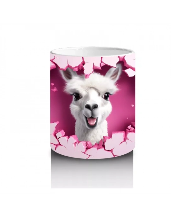 Pembe Arka Planlı Çatlak Zeminden Bakan Sevimli Lama - Baskılı kahve kupası