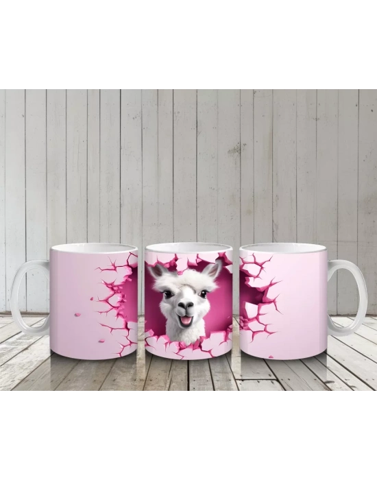 Pembe Arka Planlı Çatlak Zeminden Bakan Sevimli Lama - Baskılı kahve kupası