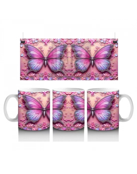 Pembe Arka Planlı Çift Mor Kelebek Deseni - Baskılı kahve kupası