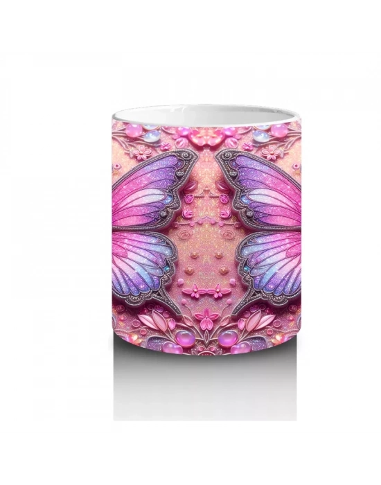 Pembe Arka Planlı Çift Mor Kelebek Deseni - Baskılı kahve kupası