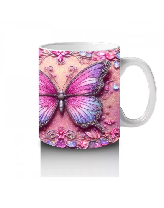 Pembe Arka Planlı Çift Mor Kelebek Deseni - Baskılı kahve kupası
