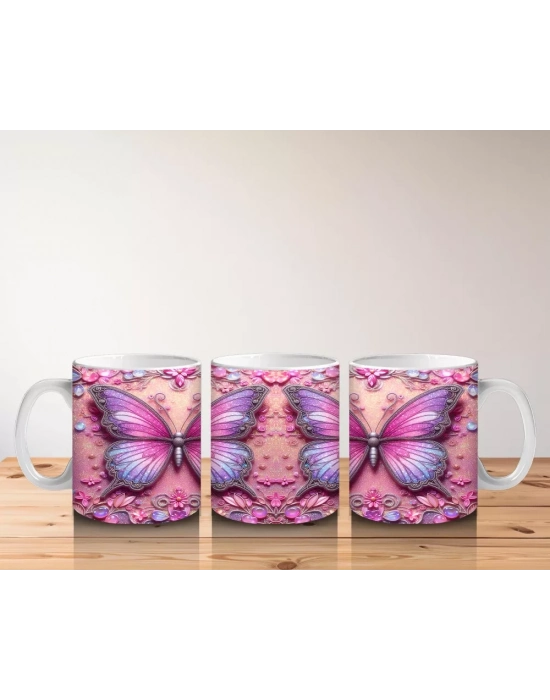 Pembe Arka Planlı Çift Mor Kelebek Deseni - Baskılı kahve kupası