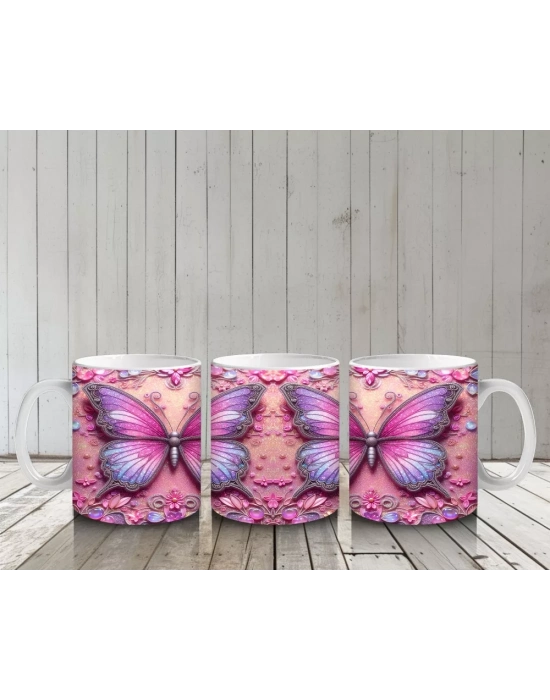Pembe Arka Planlı Çift Mor Kelebek Deseni - Baskılı kahve kupası