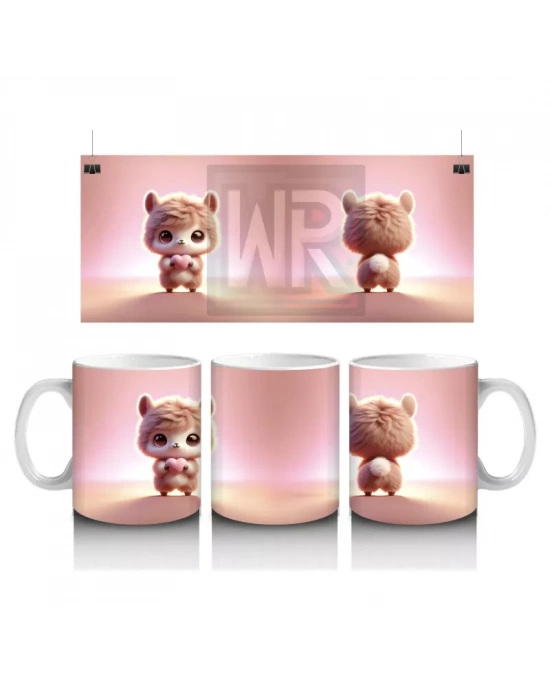 Pembe Arka Planlı Sevimli Lama Figürü (Ön ve Arka) - Baskılı kahve kupası