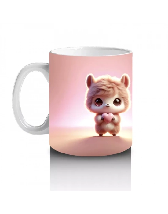 Pembe Arka Planlı Sevimli Lama Figürü (Ön ve Arka) - Baskılı kahve kupası