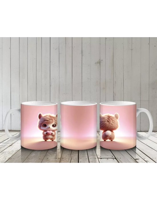 Pembe Arka Planlı Sevimli Lama Figürü (Ön ve Arka) - Baskılı kahve kupası