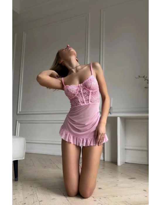 Pembe Balenli Tül Dantelli Gecelik TM1406