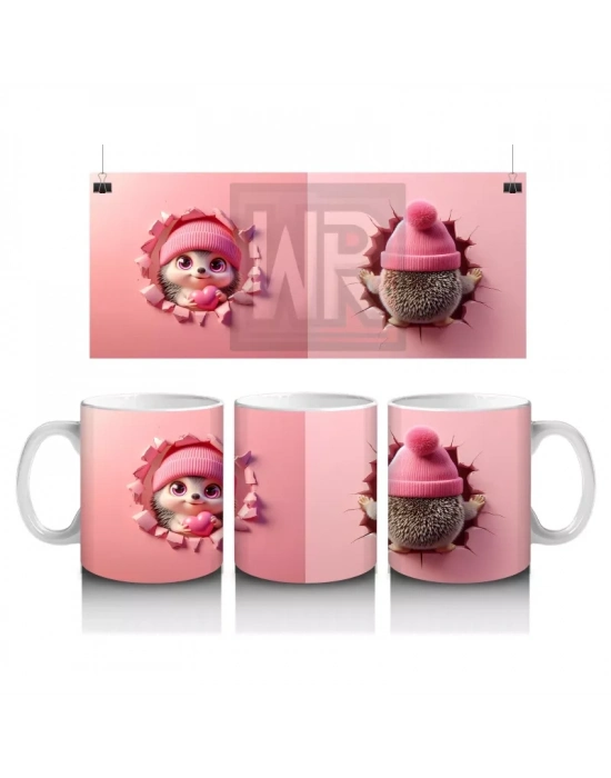 Pembe Bere Takmış Sevimli Bebek Kirpi (Ön ve Arka) - Baskılı kahve kupası