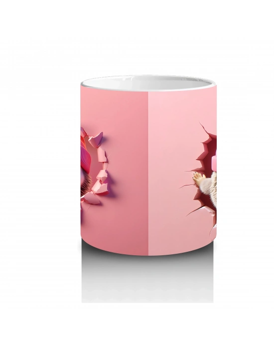 Pembe Bere Takmış Sevimli Bebek Kirpi (Ön ve Arka) - Baskılı kahve kupası