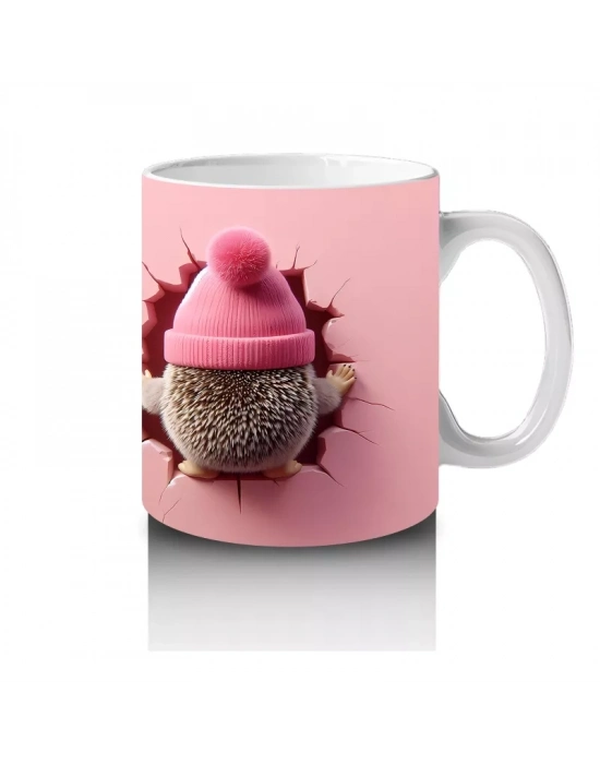 Pembe Bere Takmış Sevimli Bebek Kirpi (Ön ve Arka) - Baskılı kahve kupası