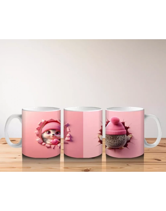 Pembe Bere Takmış Sevimli Bebek Kirpi (Ön ve Arka) - Baskılı kahve kupası