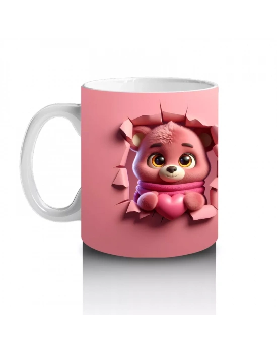 Pembe Bereli Sevimli Ayıcık Figürü Önden ve Arkadan - Baskılı kahve kupası