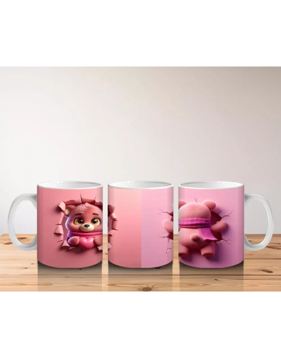Pembe Bereli Sevimli Ayıcık Figürü Önden ve Arkadan - Baskılı kahve kupası