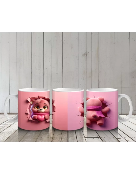 Pembe Bereli Sevimli Ayıcık Figürü Önden ve Arkadan - Baskılı kahve kupası