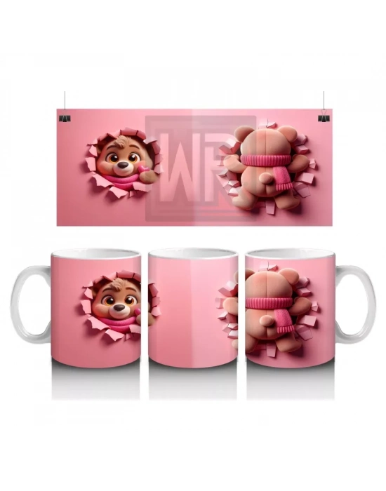 Pembe Bereli Sevimli Ayıcık Figürü (Yandan ve Arkadan) - Baskılı kahve kupası