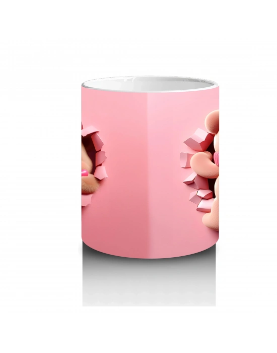 Pembe Bereli Sevimli Ayıcık Figürü (Yandan ve Arkadan) - Baskılı kahve kupası