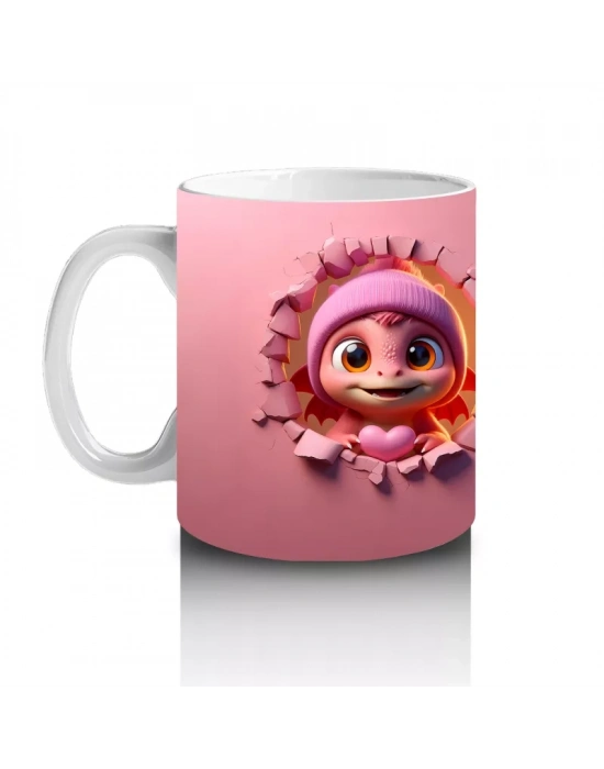 Pembe Bereli Sevimli Dinozor Kız Figürü (Yandan ve Önden) - Baskılı kahve kupası