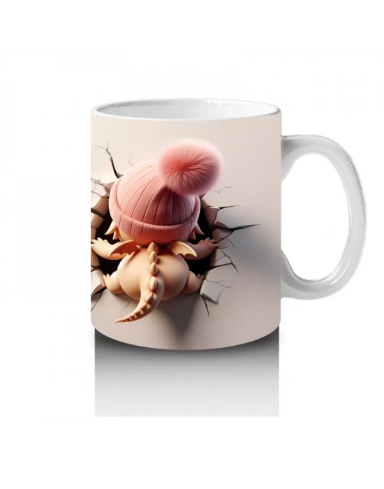 Pembe Bereli Sevimli Dinozor Kız Figürü (Yandan ve Önden) - Baskılı kahve kupası