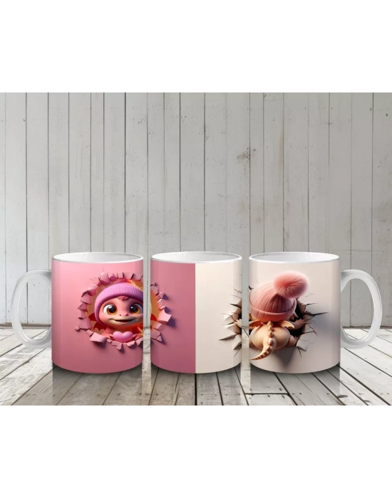 Pembe Bereli Sevimli Dinozor Kız Figürü (Yandan ve Önden) - Baskılı kahve kupası