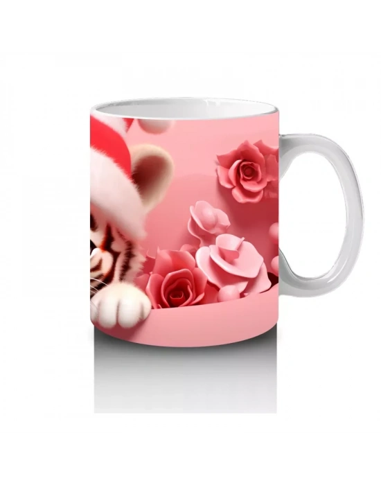 Pembe Bereli Sevimli Kedi Figürü – Baskılı Kupa