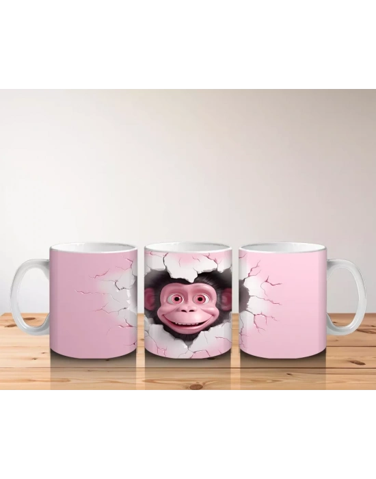 Pembe Çatlak Arka Planda Sevimli Maymun Figürü - Baskılı kahve kupası