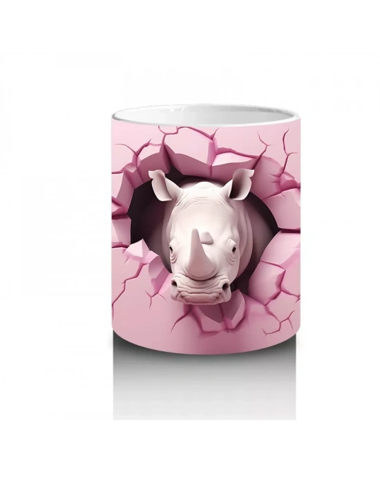 Pembe Çatlak Duvar Arasında Gergedan Figürü - Baskılı kahve kupası