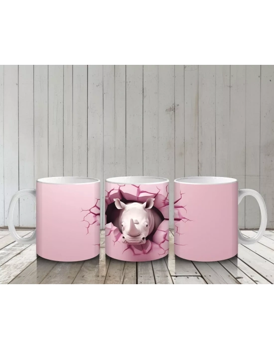 Pembe Çatlak Duvar Arasında Gergedan Figürü - Baskılı kahve kupası