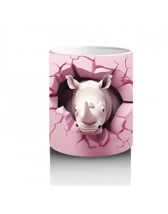 Pembe Çatlak Duvar Arasında Gergedan İllüstrasyonu - Baskılı kahve kupası