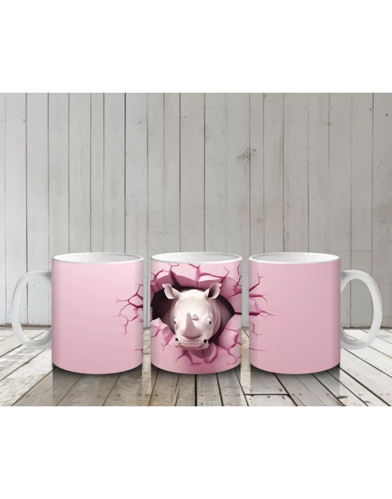 Pembe Çatlak Duvar Arasında Gergedan İllüstrasyonu - Baskılı kahve kupası