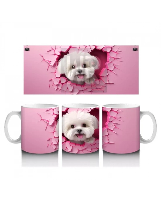 Pembe Çatlak Duvar Arasında Gülümseyen Beyaz Terrier - Baskılı kahve kupası