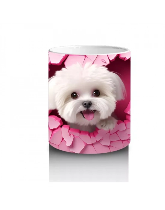 Pembe Çatlak Duvar Arasında Gülümseyen Beyaz Terrier - Baskılı kahve kupası