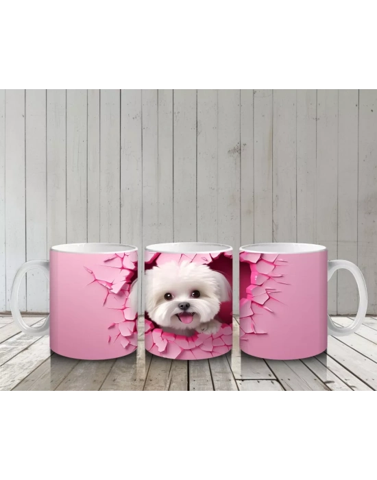 Pembe Çatlak Duvar Arasında Gülümseyen Beyaz Terrier - Baskılı kahve kupası