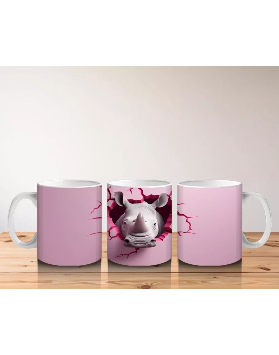 Pembe Çatlak Duvar Arasından Bakan Gergedan – Baskılı Kahve Kupası