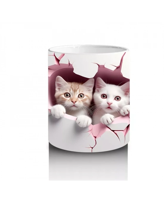 Pembe Çatlak Duvar Arasından Bakan İki Yavru Kedi - Baskılı kahve kupası