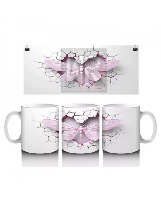 Pembe Çatlak Duvar Üzerinde Uçan Pembe Yusufçuk – Baskılı Kahve Kupası