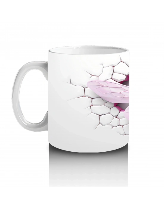 Pembe Çatlak Duvar Üzerinde Uçan Pembe Yusufçuk – Baskılı Kahve Kupası