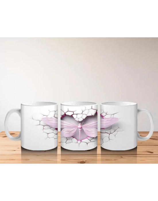 Pembe Çatlak Duvar Üzerinde Uçan Pembe Yusufçuk – Baskılı Kahve Kupası