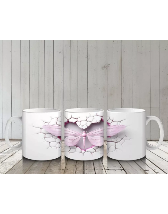 Pembe Çatlak Duvar Üzerinde Uçan Pembe Yusufçuk – Baskılı Kahve Kupası