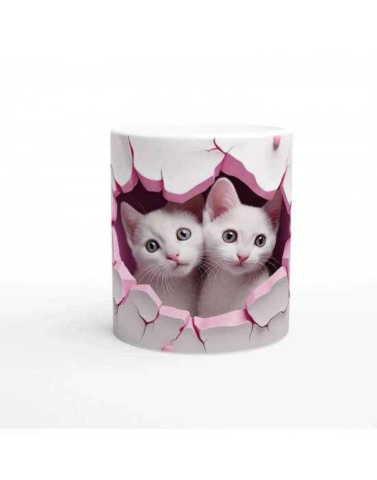 Pembe Çatlak Duvardan Bakan İki Beyaz Kedi Temalı Baskılı Kupa Bardak