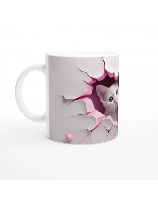 Pembe Çatlak Duvardan Bakan İki Beyaz Kedi Temalı Baskılı Kupa Bardak