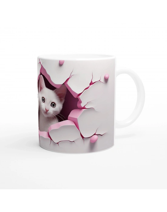Pembe Çatlak Duvardan Bakan İki Beyaz Kedi Temalı Baskılı Kupa Bardak