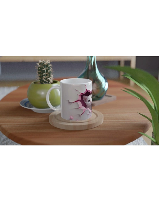 Pembe Çatlak Duvardan Bakan İki Beyaz Kedi Temalı Baskılı Kupa Bardak