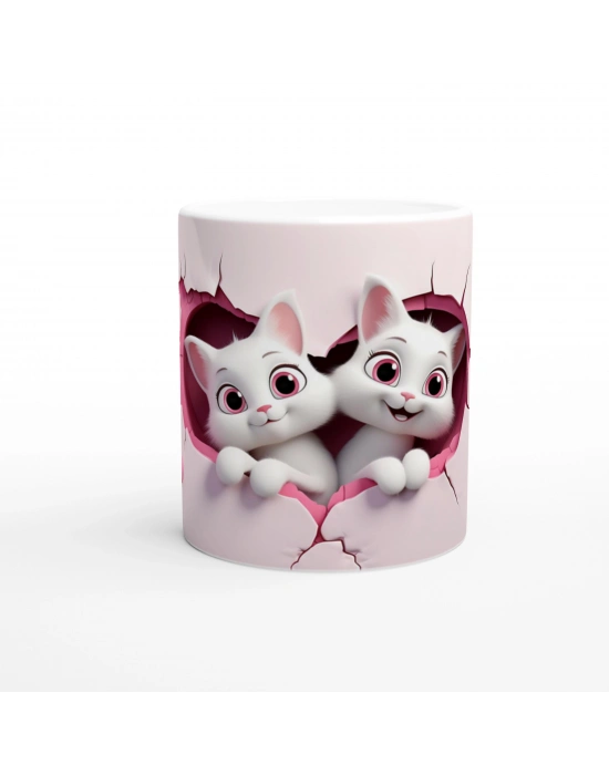 Pembe Çatlak Duvarın İçinden Bakan Neşeli Kediler Temalı Baskılı Kupa Bardak