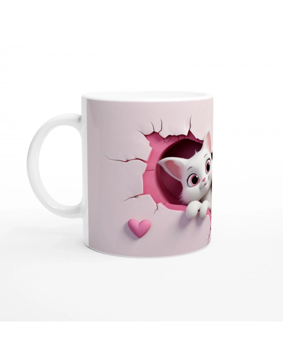 Pembe Çatlak Duvarın İçinden Bakan Neşeli Kediler Temalı Baskılı Kupa Bardak